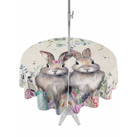Outdoor Tablecloth with Umbrella Hole and Zipper, Bunny Easter Round Table Cloth 60 Inch Waterproof Tablecloth, Eucalyptus Leaves Spring Floral Eggs Rustic Picnic Table Cover for Patio Camping