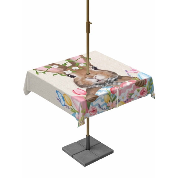 Outdoor Tablecloth with Umbrella Hole and Zipper, Bunny Easter Square Table Cloth 60x60 Inch Waterproof Tablecloth, Pink Blue Eggs Tulips Floral Rabbit Rustic Picnic Table Cover for Patio Camping