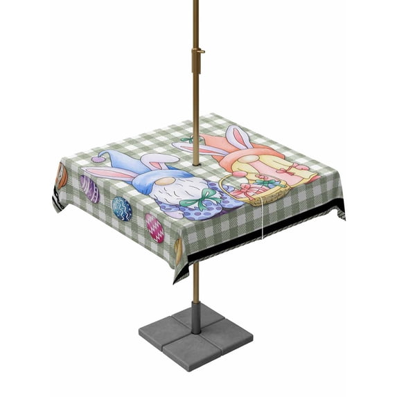 Outdoor Tablecloth with Umbrella Hole and Zipper, Bunny Gnomes Easter Square Table Cloth 60x60 Inch Waterproof Tablecloth, Eggs Sage Green Checkered Farmhouse Picnic Table Cover for Patio Camping