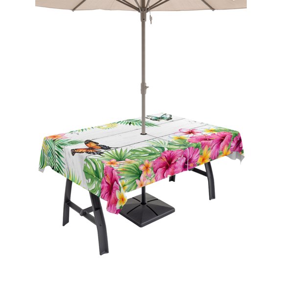 Outdoor Tablecloth with Umbrella Hole and Zipper, Burmese Gardenia Flower Butterflies Rectangle Waterproof Table Cover 60x84in Washable Table Cloth for Patio Picnic Party Purple Floral Art