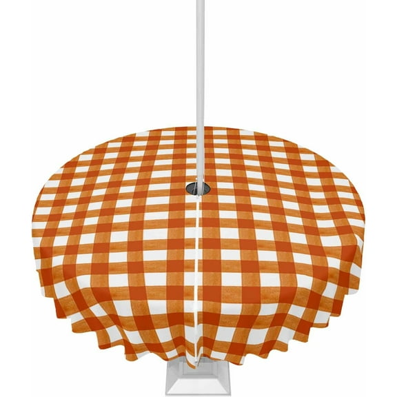 Outdoor Tablecloth with Umbrella Hole & Zipper, Burnt Orange Checkered Round Tablecloth 60 Inch, Farmhouse Buffalo Plaid Patio Table Cover Waterproof Table Cloth for Picnic/Party