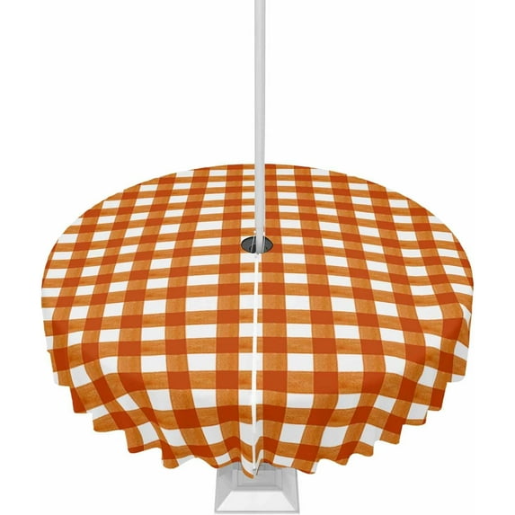 Outdoor Tablecloth with Umbrella Hole & Zipper, Burnt Orange Checkered Round Tablecloth 60 Inch, Farmhouse Buffalo Plaid Patio Table Cover Waterproof Table Cloth for Picnic/Party