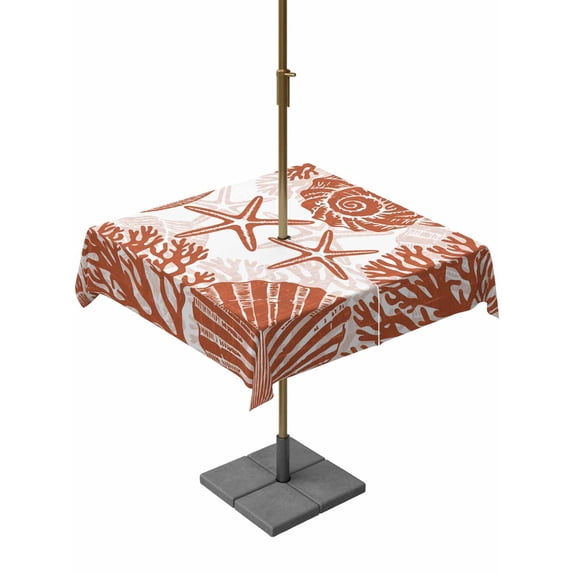 Outdoor Tablecloth with Umbrella Hole & Zipper, Burnt Orange Coastal Starfish Square Tablecloth 54x54 Inch, Summer Coral Shell Nautical Beach Patio Table Cover Waterproof Table Cloth for Picnic/Party
