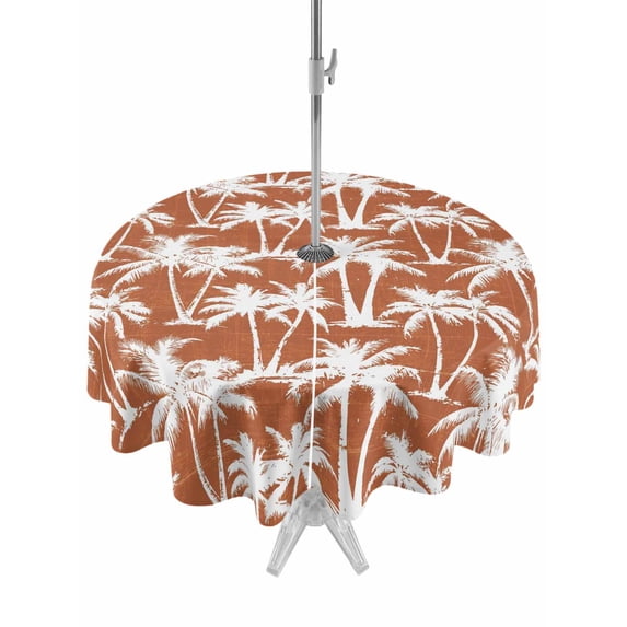 Outdoor Tablecloth with Umbrella Hole & Zipper, Burnt Orange Coastal Tree Round Tablecloth 60 Inch, Summer Palm Trees Tropical Botanical Patio Table Cover Waterproof Table Cloth for Picnic/Party