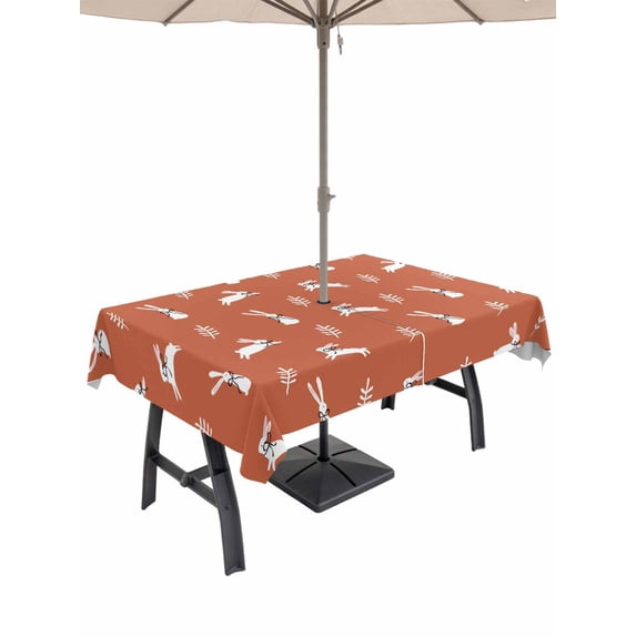 Outdoor Tablecloth with Umbrella Hole and Zipper, Burnt Orange Spring Easter Rectangle Table Cloth 52x70 Inch Waterproof Tablecloth, Cute Bunny Botanical Picnic Table Cover for Patio Camping