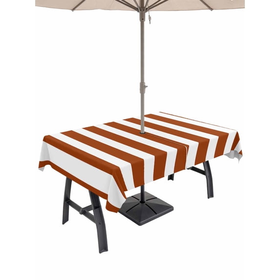 Outdoor Tablecloth with Umbrella Hole and Zipper, Burnt Orange Stripe Waterproof Patio Tablecloth for Dining 60''x84'', Farmhouse Striped Abstract Art Wipeable Table Cover for Picnic BBQ Party Patio