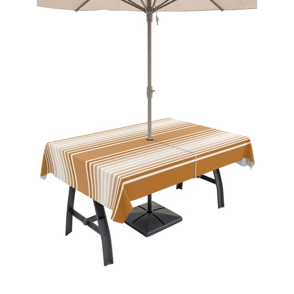 Outdoor Tablecloth with Umbrella Hole & Zipper, Burnt Orange Striped Rectangle Tablecloth 60x120 Inch, Modern Farmhouse Striped Minimalist Patio Table Cover Waterproof Table Cloth for Picnic/Party