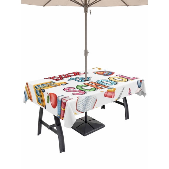 Outdoor Tablecloth with Umbrella Hole and Zipper, Bus Bag Globe Crayon Desklamp Rectangle Waterproof Table Cover 60x84in Washable Table Cloth for Patio Picnic Party Back to School Season