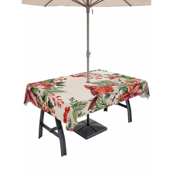 Outdoor Tablecloth with Umbrella Hole and Zipper, Cardinal Bird Rectangle Table Cloth 60x120 Inch Waterproof Tablecloth, Pine Cones Poinsettia Berry Floral Beige Picnic Table Cover for Patio Camping