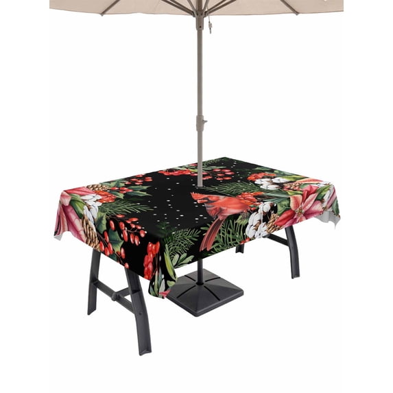 Outdoor Tablecloth with Umbrella Hole and Zipper, Cardinal Bird Rectangle Table Cloth 60x120 Inch Waterproof Tablecloth, Winter Poinsettia Pine Cones Berry Black Picnic Table Cover for Patio Camping