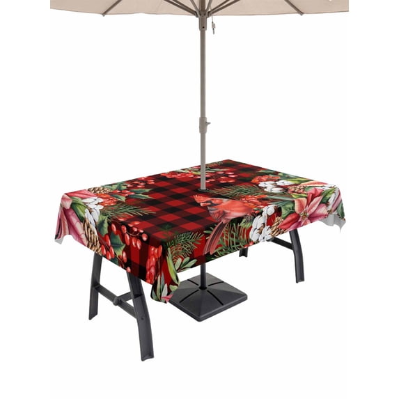 Outdoor Tablecloth with Umbrella Hole and Zipper, Cardinal Bird Rectangle Table Cloth 60x84 Inch Waterproof Tablecloth, Poinsettia Pine Cones Berry Flowers Red Plaid Picnic Table Cover for Patio