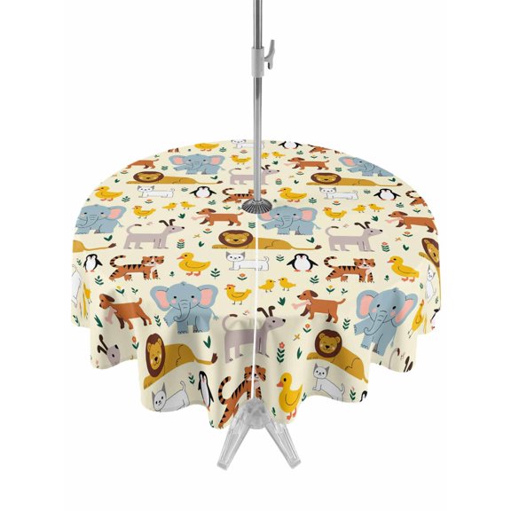 Outdoor Tablecloth with Umbrella Hole and Zipper, Cartoon Animals Round Table Cloth 60 Inch Waterproof Tablecloth, Cute Dog Tigers Elephants Lions Cat Picnic Table Cover for Patio Camping