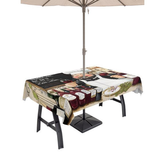 Outdoor Tablecloth with Umbrella Hole and Zipper, Cartoon Country Chef Red Wine Rectangle Waterproof Table Cover 60x84in Washable Table Cloth for Patio Picnic Party Farmhouse Cooking Theme