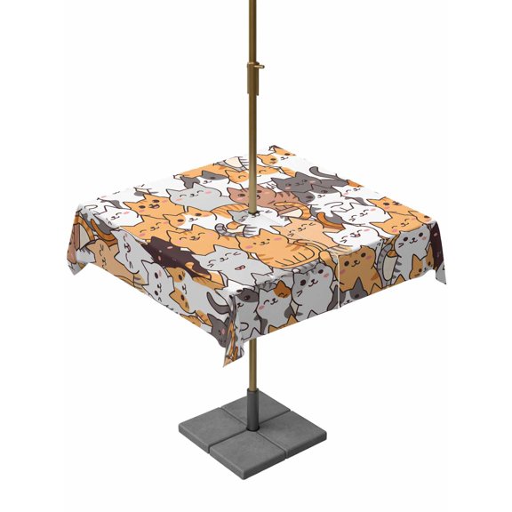 Outdoor Tablecloth with Umbrella Hole and Zipper, Cartoon Cute Kitty Square Waterproof Table Cover 54x54in Washable Table Cloth for Patio Picnic Party Modern Funny Pet Cat