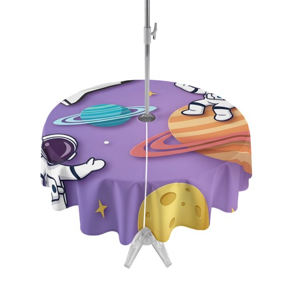 Outdoor Tablecloth with Umbrella Hole Zipper Cartoon Galaxy Round Tablecloth 54" Waterproof Outside Table Cloth Universe Outer Space Stars Purple Patio Table Cover Tablecloths for Picnic Party