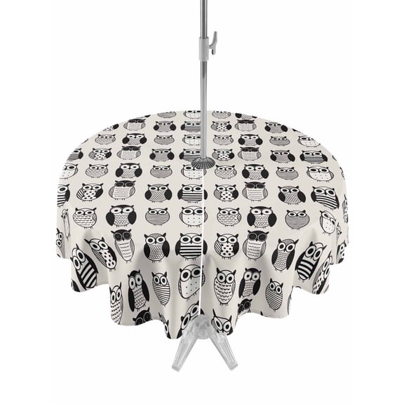 Outdoor Tablecloth with Umbrella Hole Zipper Cartoon Owls Round Tablecloth 54" Waterproof Outside Table Cloth Modern Abstract Cute Birds Patio Table Cover Tablecloths for Picnic Party