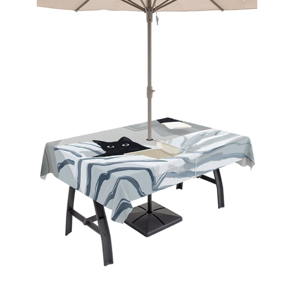 Outdoor Tablecloth with Umbrella Hole and Zipper, Cartoon Reading Black Cat Rectangle Waterproof Table Cover 60x84in Washable Table Cloth for Patio Picnic Party Kitty in Striped Blanket