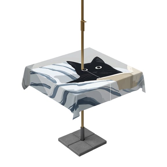 Outdoor Tablecloth with Umbrella Hole and Zipper, Cartoon Reading Black Cat Square Waterproof Table Cover 54x54in Washable Table Cloth for Patio Picnic Party Kitty in Striped Blanket