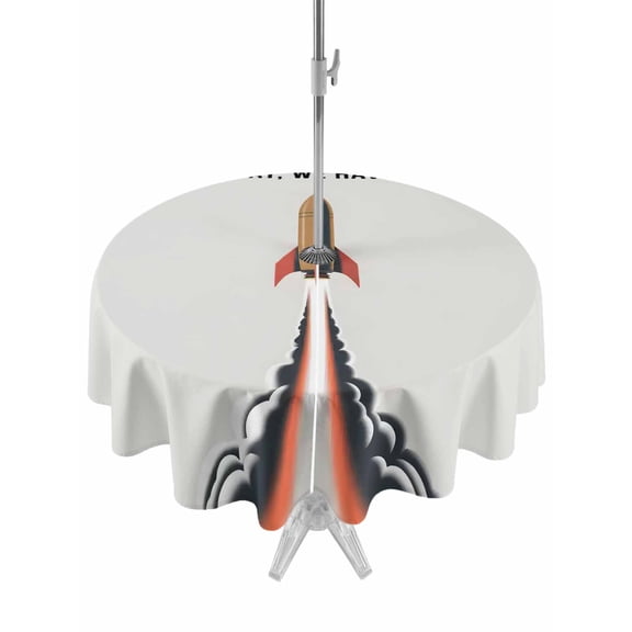 Outdoor Tablecloth with Umbrella Hole Zipper Cartoon Rockets Round Tablecloth 60" Waterproof Outside Table Cloth Letters It's Monday We Have Lift-off Patio Table Cover Tablecloths for Picnic Party