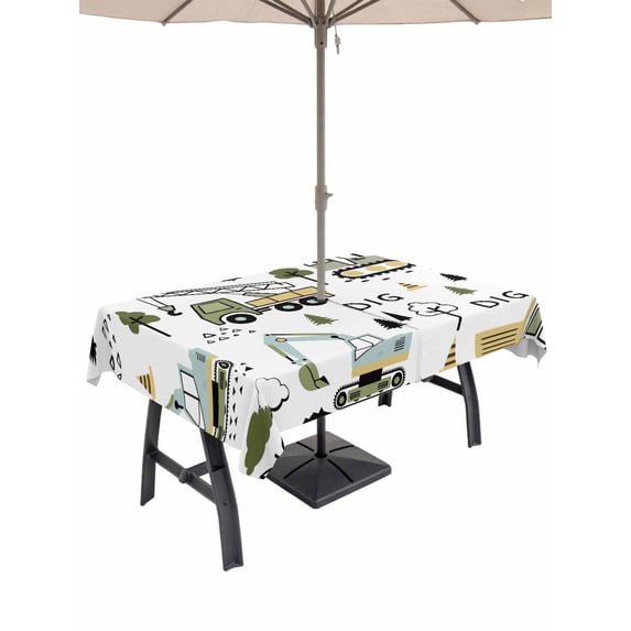 Outdoor Tablecloth with Umbrella Hole and Zipper, Cartoon Tractor Rectangle Table Cloth 52x70 Inch Waterproof Tablecloth, Cute Digger Shovel Truck Country Car Picnic Table Cover for Patio Camping