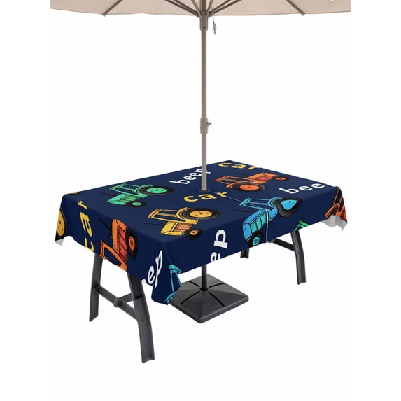 Outdoor Tablecloth with Umbrella Hole and Zipper, Cartoon Tractor Rectangle Table Cloth 60x84 Inch Waterproof Tablecloth, Cute Beep Car Digger Shovel Truck Navy Blue Picnic Table Cover for Patio