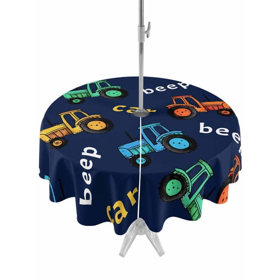 Outdoor Tablecloth with Umbrella Hole and Zipper, Cartoon Tractor Round Table Cloth 54 Inch Waterproof Tablecloth, Cute Beep Car Digger Shovel Truck Navy Blue Picnic Table Cover for Patio Camping