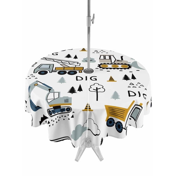 Outdoor Tablecloth with Umbrella Hole and Zipper, Cartoon Tractor Round Table Cloth 54 Inch Waterproof Tablecloth, Cute Grey Digger Shovel Truck Picnic Table Cover for Patio Camping