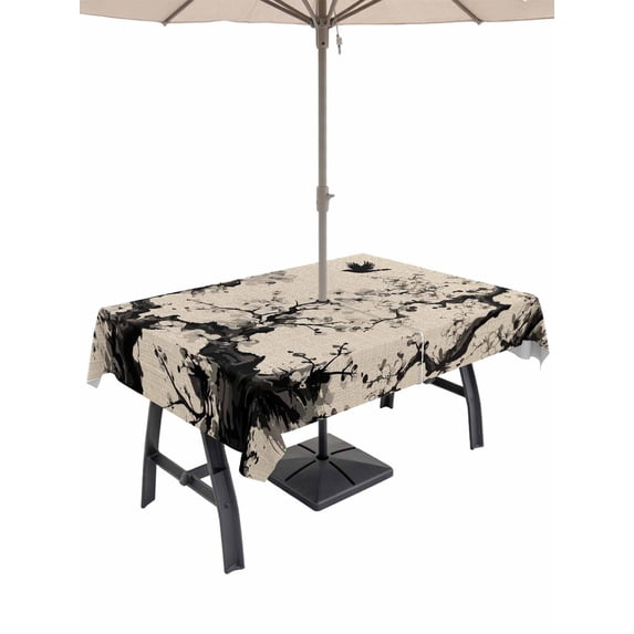 Outdoor Tablecloth with Umbrella Hole and Zipper, Chinese Rectangle Table Cloth 54x80 Inch Waterproof Tablecloth, Black White Tree Flowers Traditional Ink Painting Picnic Table Cover for Patio