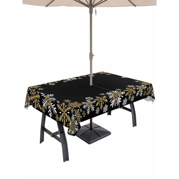 Outdoor Tablecloth with Umbrella Hole and Zipper, Christmas Black Rectangle Table Cloth 60x102 Inch Waterproof Tablecloth, Xmas White Golden Snowflakes Retro Rustic Picnic Table Cover for Patio