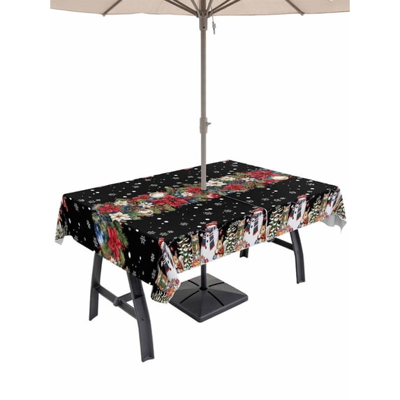 Outdoor Tablecloth with Umbrella Hole and Zipper, Christmas Black Rectangle Table Cloth 60x84 Inch Waterproof Tablecloth, Xmas Snowman Red Poinsettia Winter Snowflakes Picnic Table Cover for Patio
