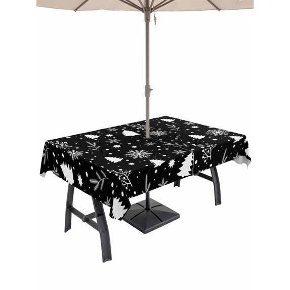 Outdoor Tablecloth with Umbrella Hole and Zipper, Christmas Black Rectangle Table Cloth 60x84 Inch Waterproof Tablecloth, Xmas Tree Winter Snowflakes Plants Holiday Picnic Table Cover for Patio