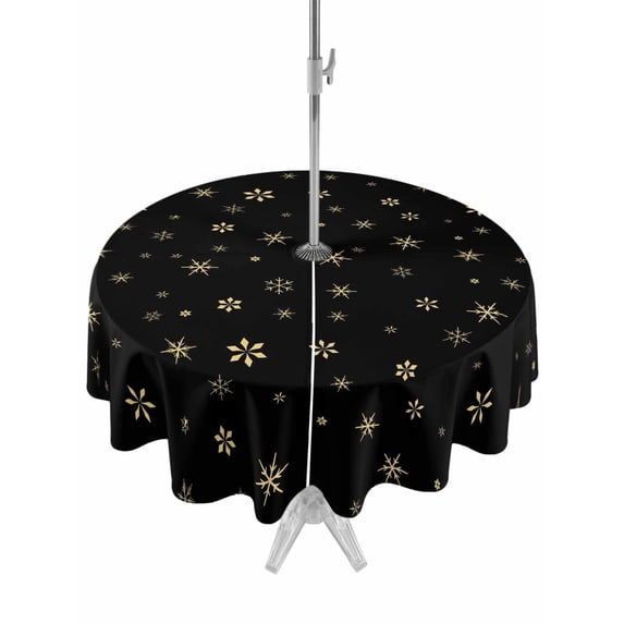 Outdoor Tablecloth with Umbrella Hole and Zipper, Christmas Black Round Table Cloth 54 Inch Waterproof Tablecloth, Winter Snowflakes Xmas Retro Picnic Table Cover for Patio Camping