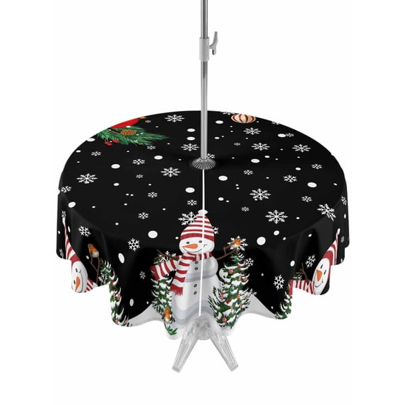 Outdoor Tablecloth with Umbrella Hole and Zipper, Christmas Black Round Table Cloth 60 Inch Waterproof Tablecloth, Winter Snowman Xmas Pine Branch Cardinal Bird Picnic Table Cover for Patio Camping