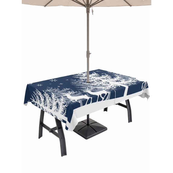 Outdoor Tablecloth with Umbrella Hole and Zipper, Christmas Blue Rectangle Table Cloth 54x80 Inch Waterproof Tablecloth, White Xmas Tree Elk Winter Snowflake Picnic Table Cover for Patio Camping