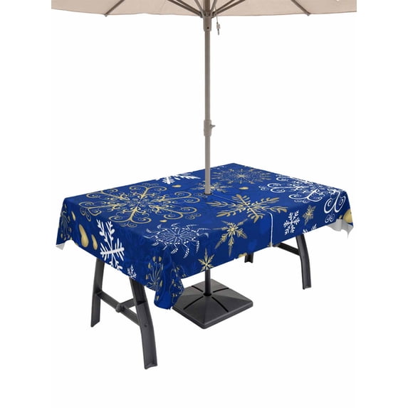 Outdoor Tablecloth with Umbrella Hole and Zipper, Christmas Blue Rectangle Table Cloth 54x80 Inch Waterproof Tablecloth, Xmas Winter Snowflakes New Year Holiday Picnic Table Cover for Patio Camping