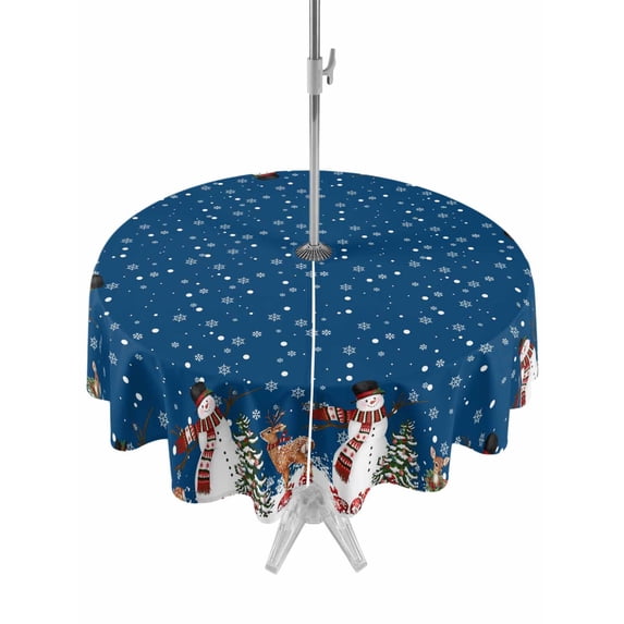 Outdoor Tablecloth with Umbrella Hole and Zipper, Christmas Blue Round Table Cloth 60 Inch Waterproof Tablecloth, Cute Snowman Xmas Tree Elk Winter Snowflakes Picnic Table Cover for Patio Camping