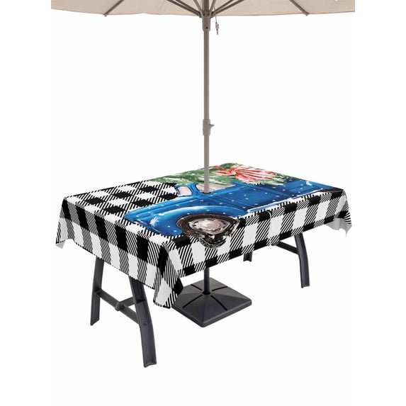Outdoor Tablecloth with Umbrella Hole and Zipper, Christmas Blue Truck Rectangle Table Cloth 60x120 Inch Waterproof Tablecloth, Xmas Tree Bow Rustic White Black Checkered Picnic Table Cover for Patio
