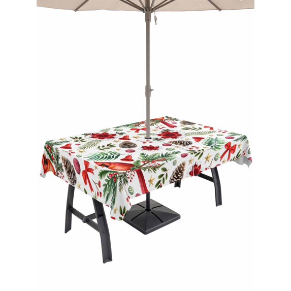 Outdoor Tablecloth with Umbrella Hole and Zipper, Christmas Cardinal Rectangle Table Cloth 60x120 Inch Waterproof Tablecloth, Xmas Winter Flower Bow Pine Fruits Picnic Table Cover for Patio Camping