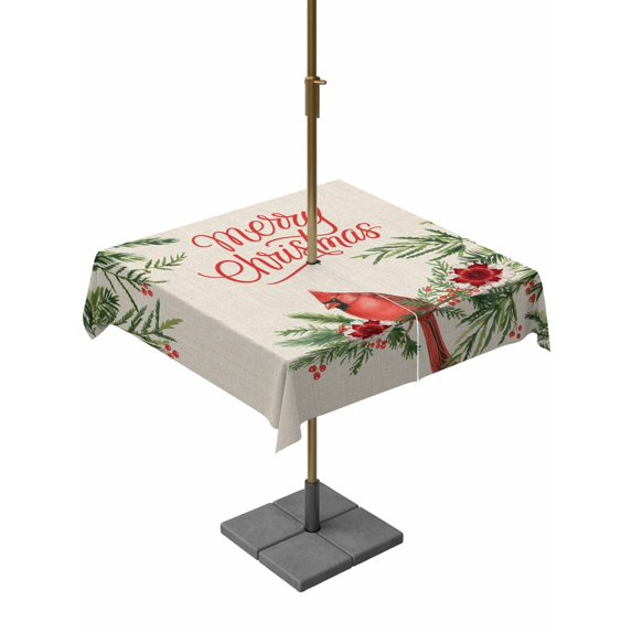 Outdoor Tablecloth with Umbrella Hole and Zipper, Christmas Cardinal Square Table Cloth 60x60 Inch Waterproof Tablecloth, Xmas Winter Pine Flower Berry on Linen Picnic Table Cover for Patio Camping