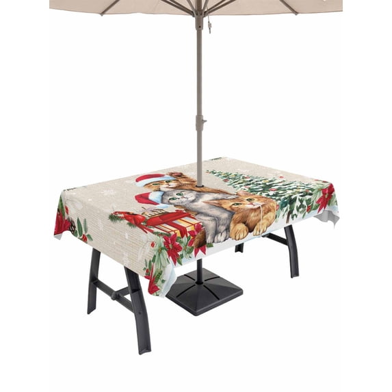 Outdoor Tablecloth with Umbrella Hole and Zipper, Christmas Cats Rectangle Table Cloth 60x84 Inch Waterproof Tablecloth, Xmas Tree Poinsettia Botanical Linen Texture Picnic Table Cover for Patio