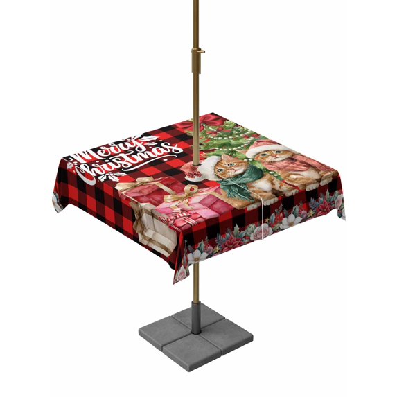 Outdoor Tablecloth with Umbrella Hole and Zipper, Christmas Cats Square Table Cloth 54x54 Inch Waterproof Tablecloth, XmasTree Winter Gifts Floral Red Black Plaid Picnic Table Cover for Patio Camping