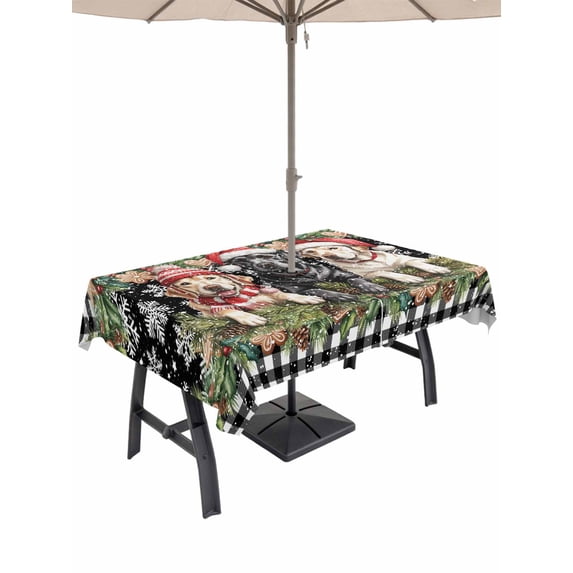 Outdoor Tablecloth with Umbrella Hole and Zipper, Christmas Dog Rectangle Table Cloth 60x120 Inch Waterproof Tablecloth, Winter Xmas Gingerbread Snowflakes Black Picnic Table Cover for Patio Camping