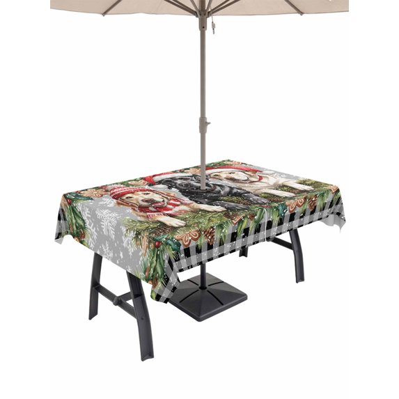 Outdoor Tablecloth with Umbrella Hole and Zipper, Christmas Dog Rectangle Table Cloth 60x120 Inch Waterproof Tablecloth, Winter Xmas Gingerbread Snowflakes Grey Picnic Table Cover for Patio Camping