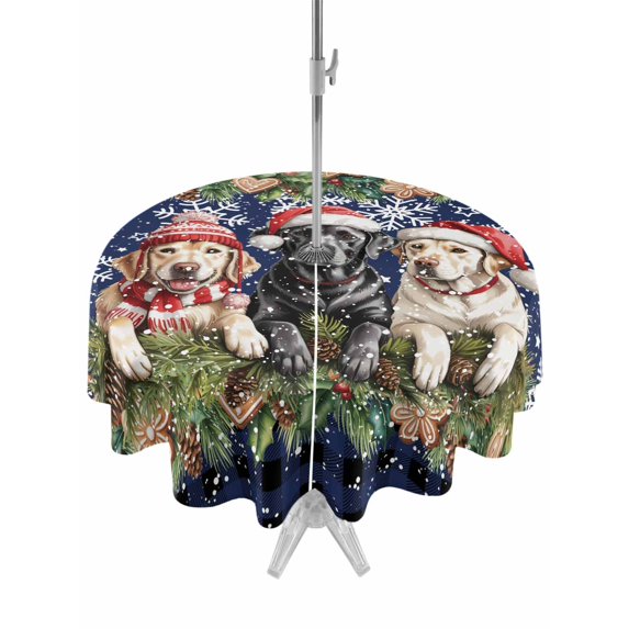 Outdoor Tablecloth with Umbrella Hole and Zipper, Christmas Dog Round Table Cloth 54 Inch Waterproof Tablecloth, Winter Xmas Gingerbread Snowflakes Navy Blue Picnic Table Cover for Patio Camping