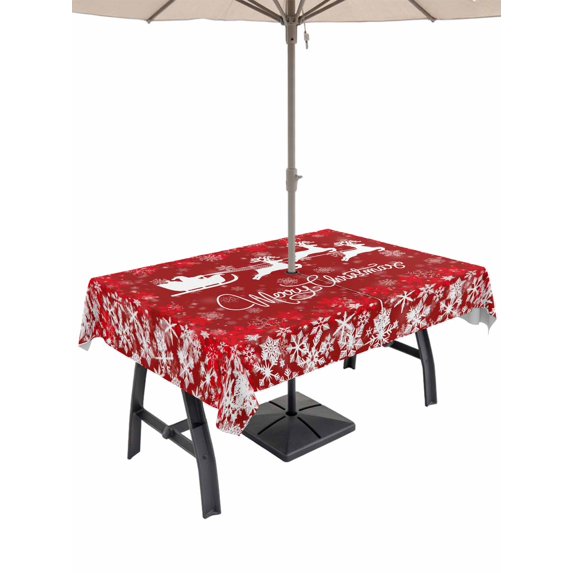 Outdoor Tablecloth with Umbrella Hole and Zipper, Christmas Elk Rectangle Table Cloth 52x70 Inch Waterproof Tablecloth, Winter Santa Claus Xmas Snowflakes Red Picnic Table Cover for Patio Camping