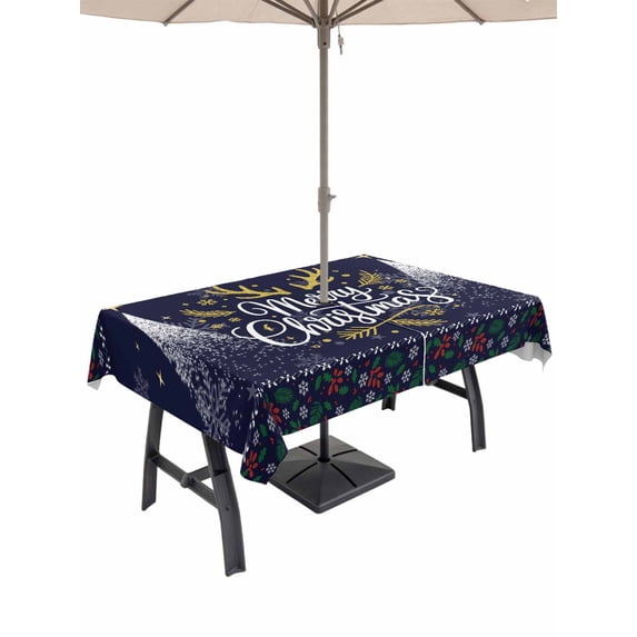 Outdoor Tablecloth with Umbrella Hole and Zipper, Christmas Elk Rectangle Table Cloth 54x80 Inch Waterproof Tablecloth, Winter Snowflake Xmas Tree Leaf Navy Blue Picnic Table Cover for Patio Camping