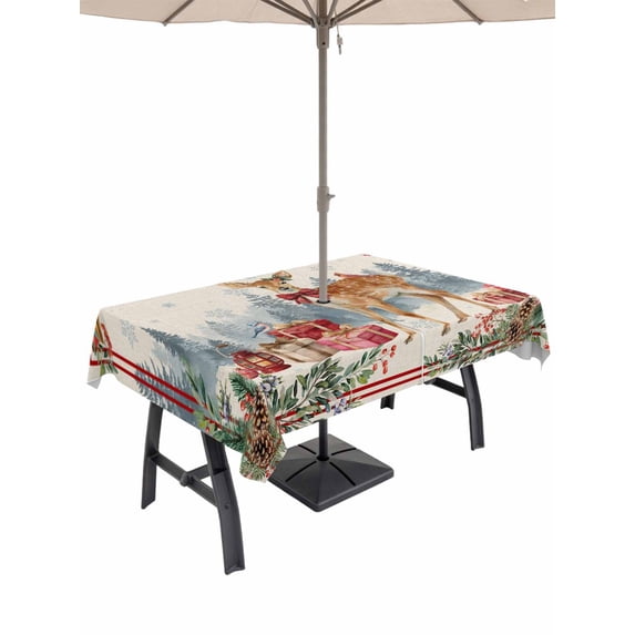 Outdoor Tablecloth with Umbrella Hole and Zipper, Christmas Elk Rectangle Table Cloth 60x102 Inch Waterproof Tablecloth, Xmas Pine Cones Gifts Snowflake Retro Picnic Table Cover for Patio Camping