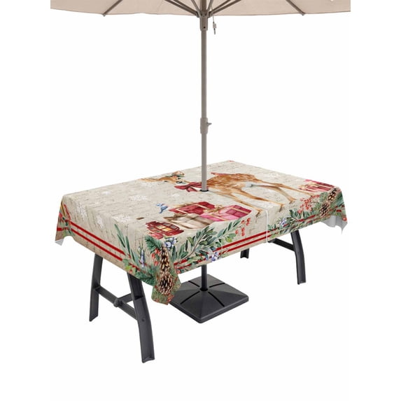 Outdoor Tablecloth with Umbrella Hole and Zipper, Christmas Elk Rectangle Table Cloth 60x120 Inch Waterproof Tablecloth, Xmas Pine Cones Gifts Snowflake Rustic Picnic Table Cover for Patio Camping
