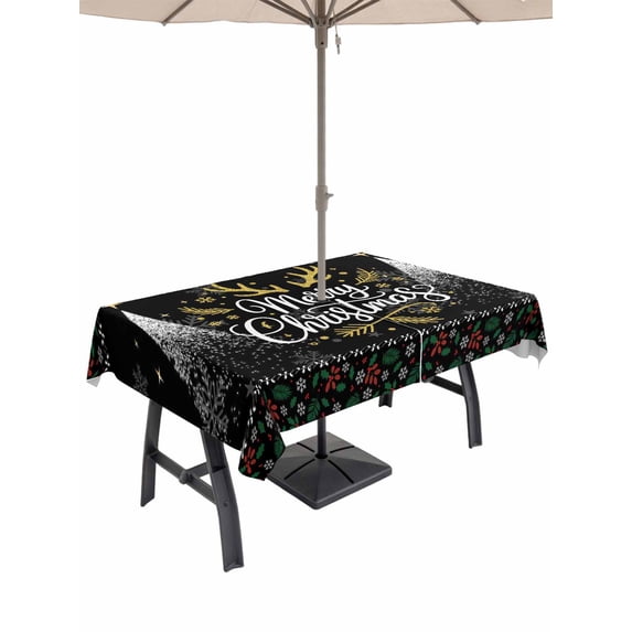 Outdoor Tablecloth with Umbrella Hole and Zipper, Christmas Elk Rectangle Table Cloth 60x84 Inch Waterproof Tablecloth, Winter Snowflake Xmas Tree Leaf Black Picnic Table Cover for Patio Camping