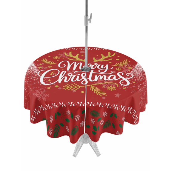 Outdoor Tablecloth with Umbrella Hole and Zipper, Christmas Elk Round Table Cloth 60 Inch Waterproof Tablecloth, Winter Snowflake Xmas Tree Leaf Red Picnic Table Cover for Patio Camping